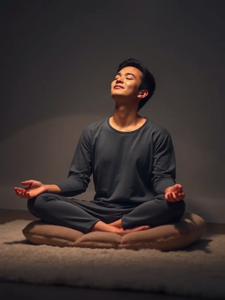 An image of a person meditating, with a soft, calming background, symbolizing the importance of mindful gaming and taking breaks.